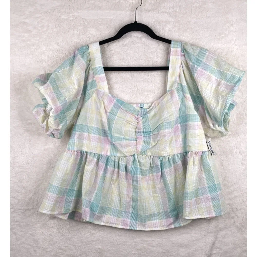 Old Navy Womens 2X Pastel Plaid Top Puff Sleeve Smocked Back Ruffled Peplum NWT